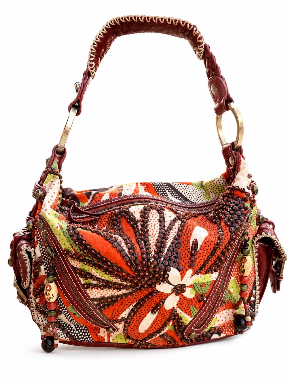 Isabella Fiore Boho Beaded Shoulder Bag | Leather Trim | Rare Y2K